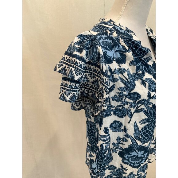 Rachel Zoe Floral Print Rayon Blouse Medium Blue & White Short Sleeve Womens Top - Picture 4 of 6